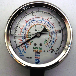 Manómetro de baja presión de Ø 100 mm con glicerina MPGV-250/100 para R-134a,R-404A,R-407C y R-507A. Conexión 1/4